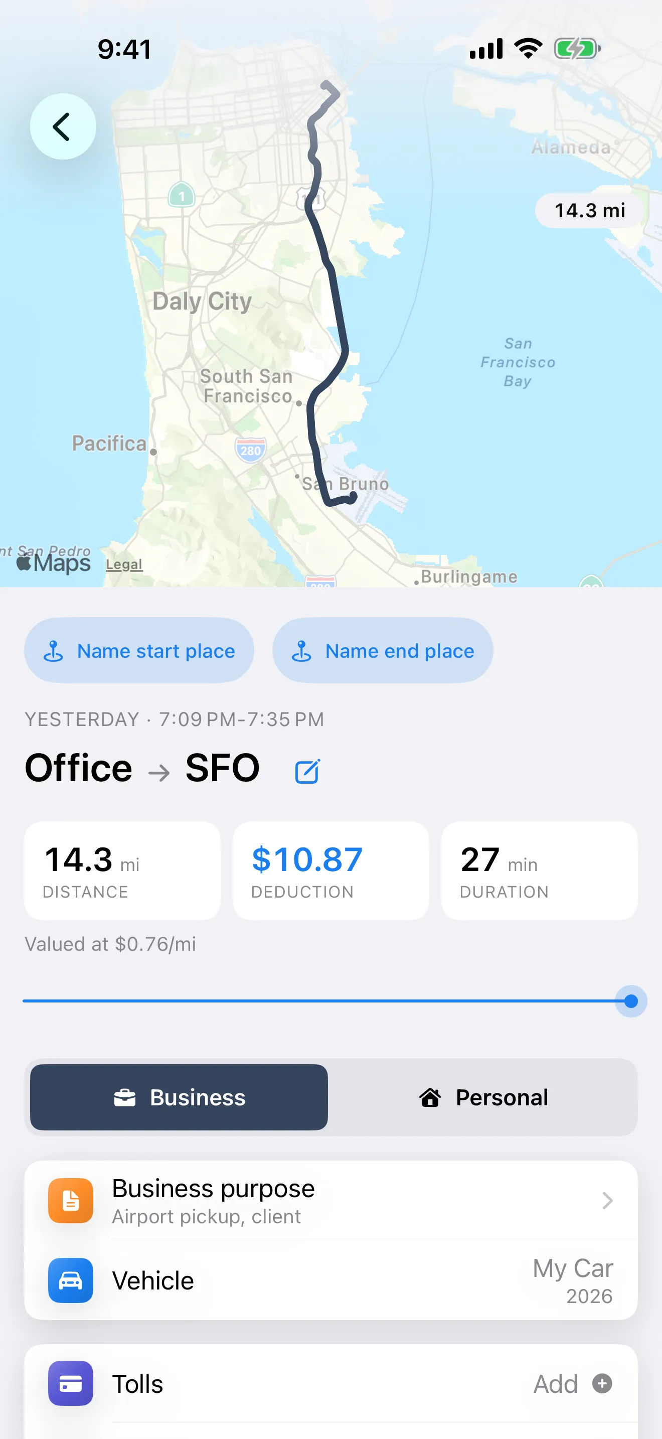 A single MileMarker drive showing its map route, distance, and deduction