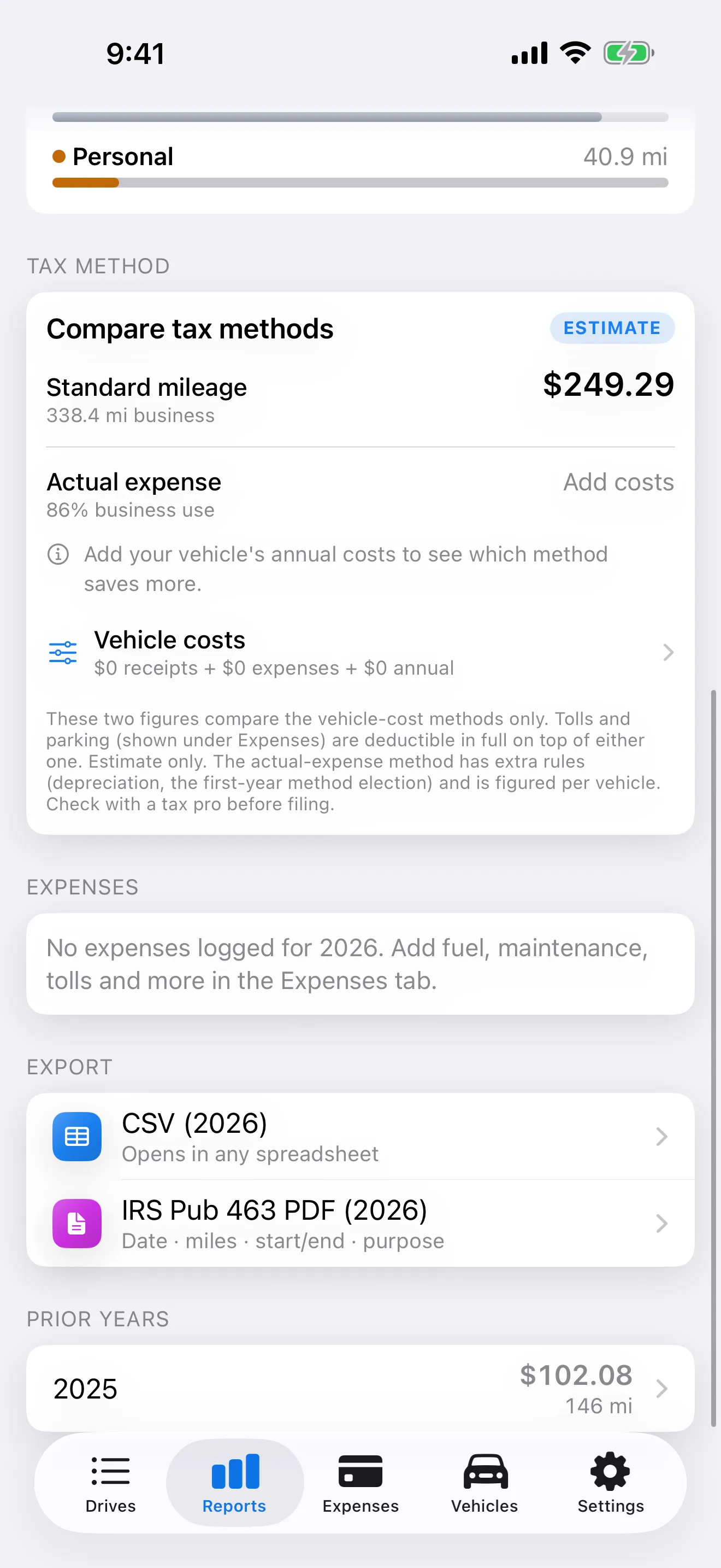 MileMarker export screen offering CSV and PDF mileage logs