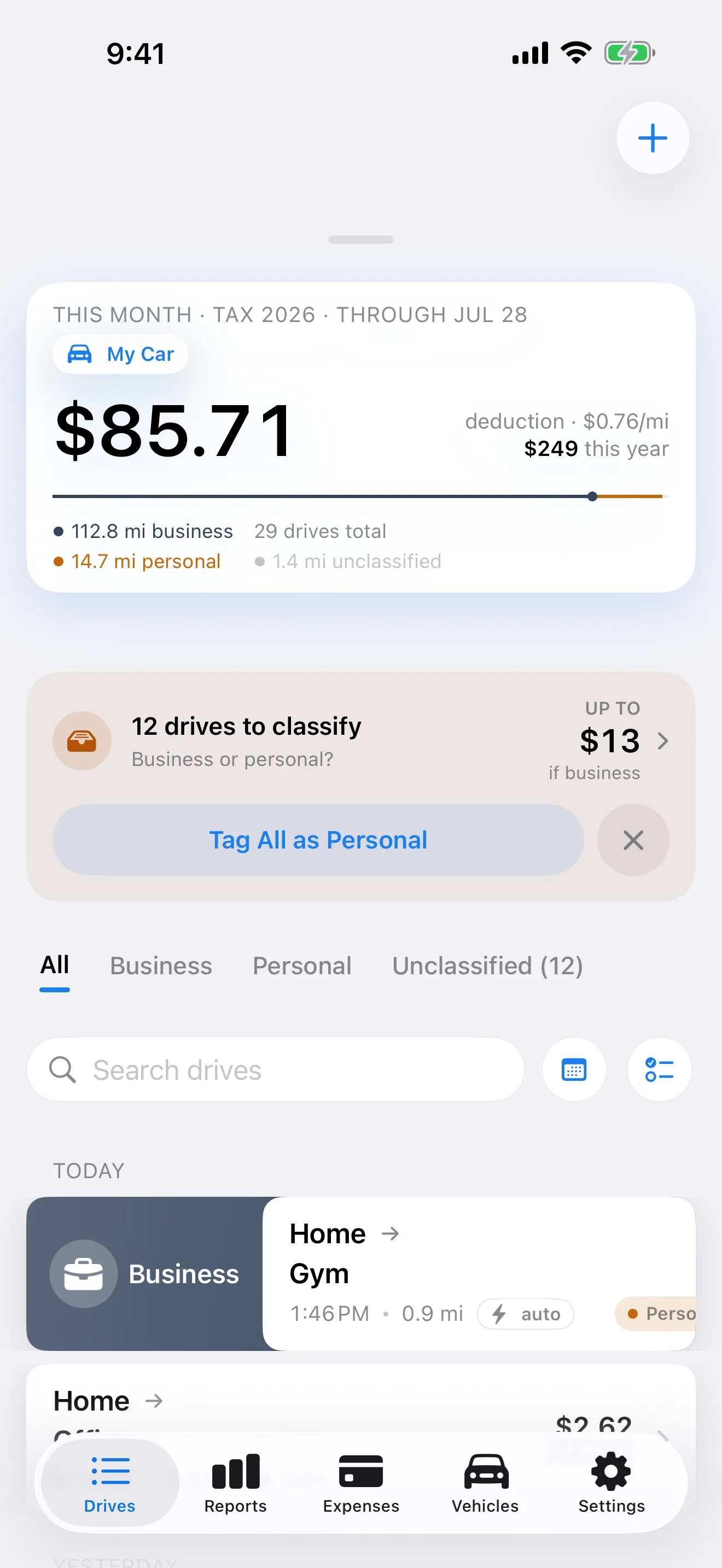 Swiping a drive to classify it as business in MileMarker